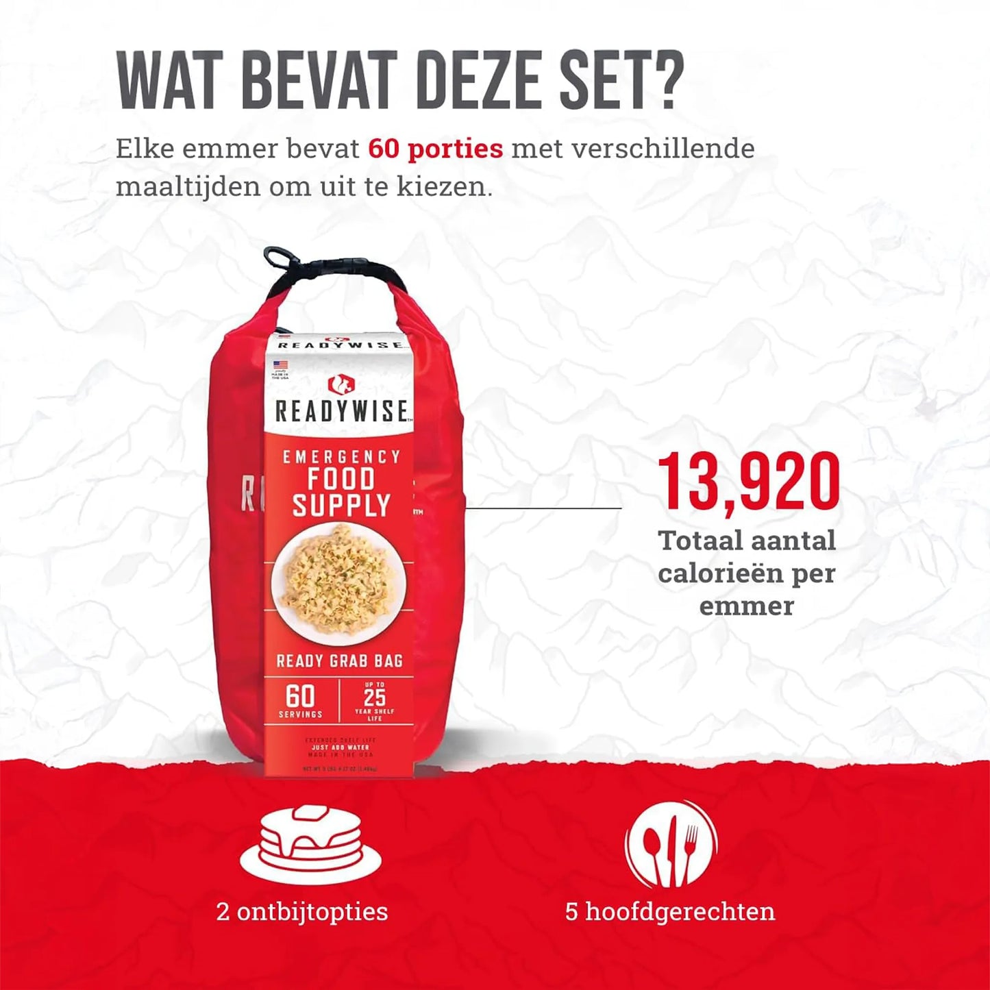 ReadyWise noodpakket 60 porties in waterdichte drybag - gevriesdroogd noodvoedsel 25 jaar houdbaar