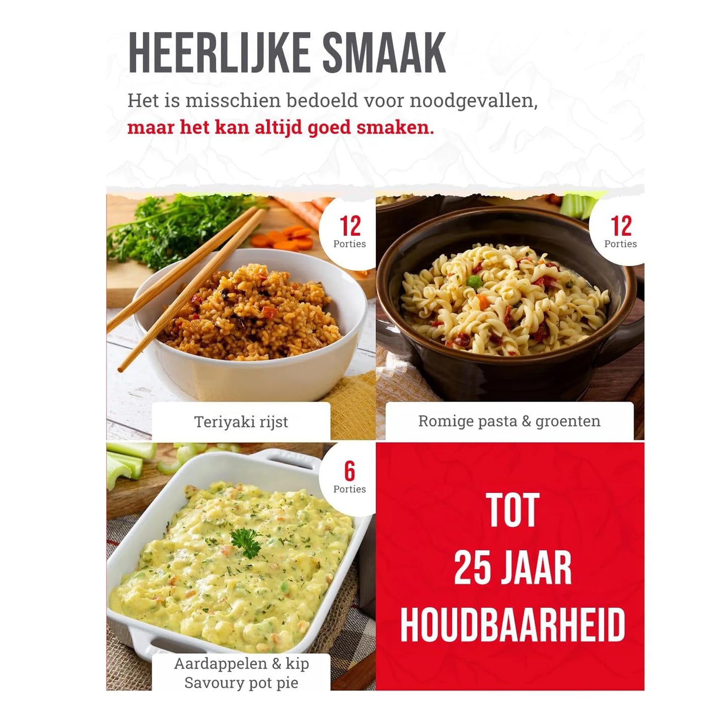 ReadyWise noodrantsoen maaltijden - teriyaki rijst, pasta en aardappel pot pie