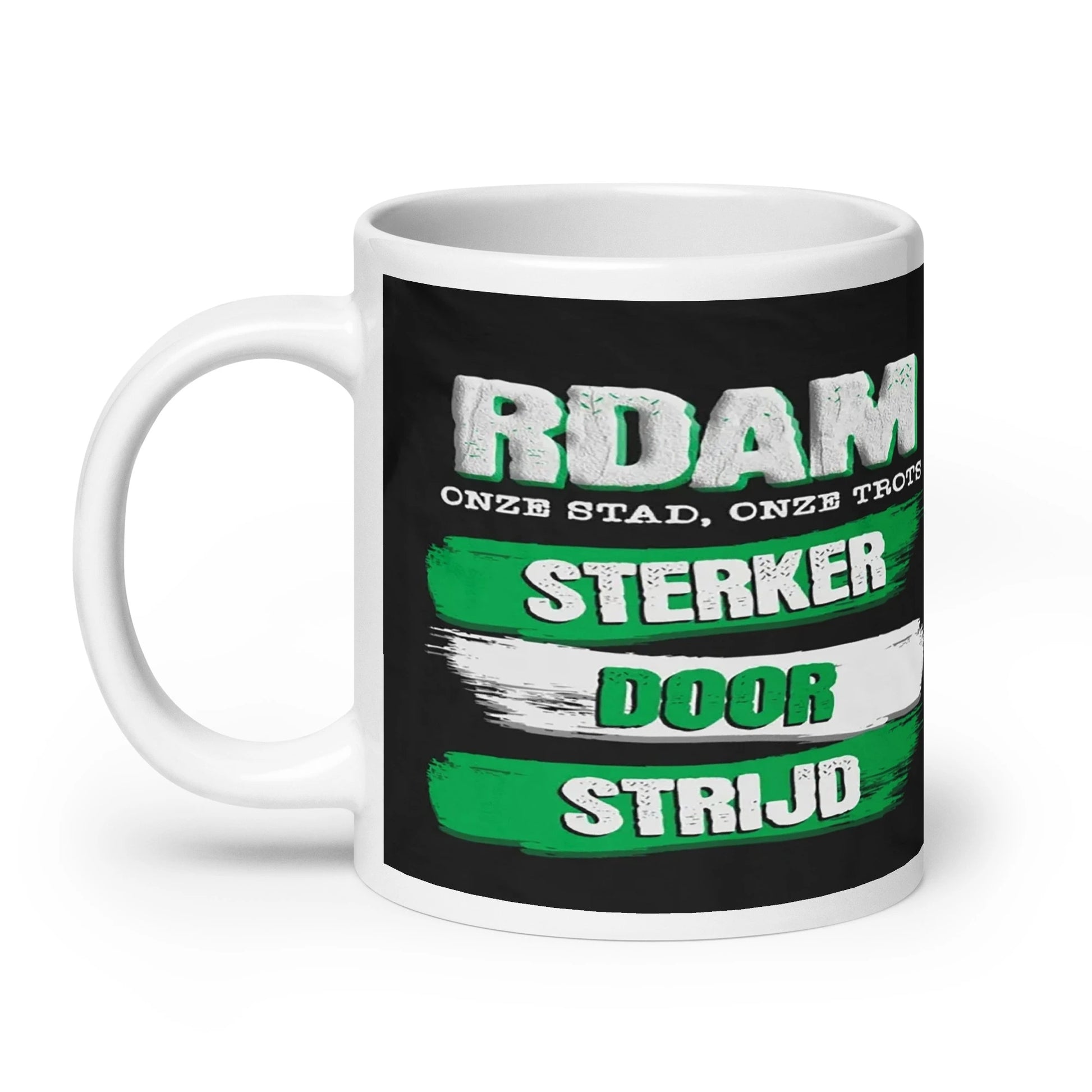 Rotterdam mok met de tekst 'Sterker door Strijd' - Uniek cadeau voor Rotterdammers, glanzend wit keramiek.