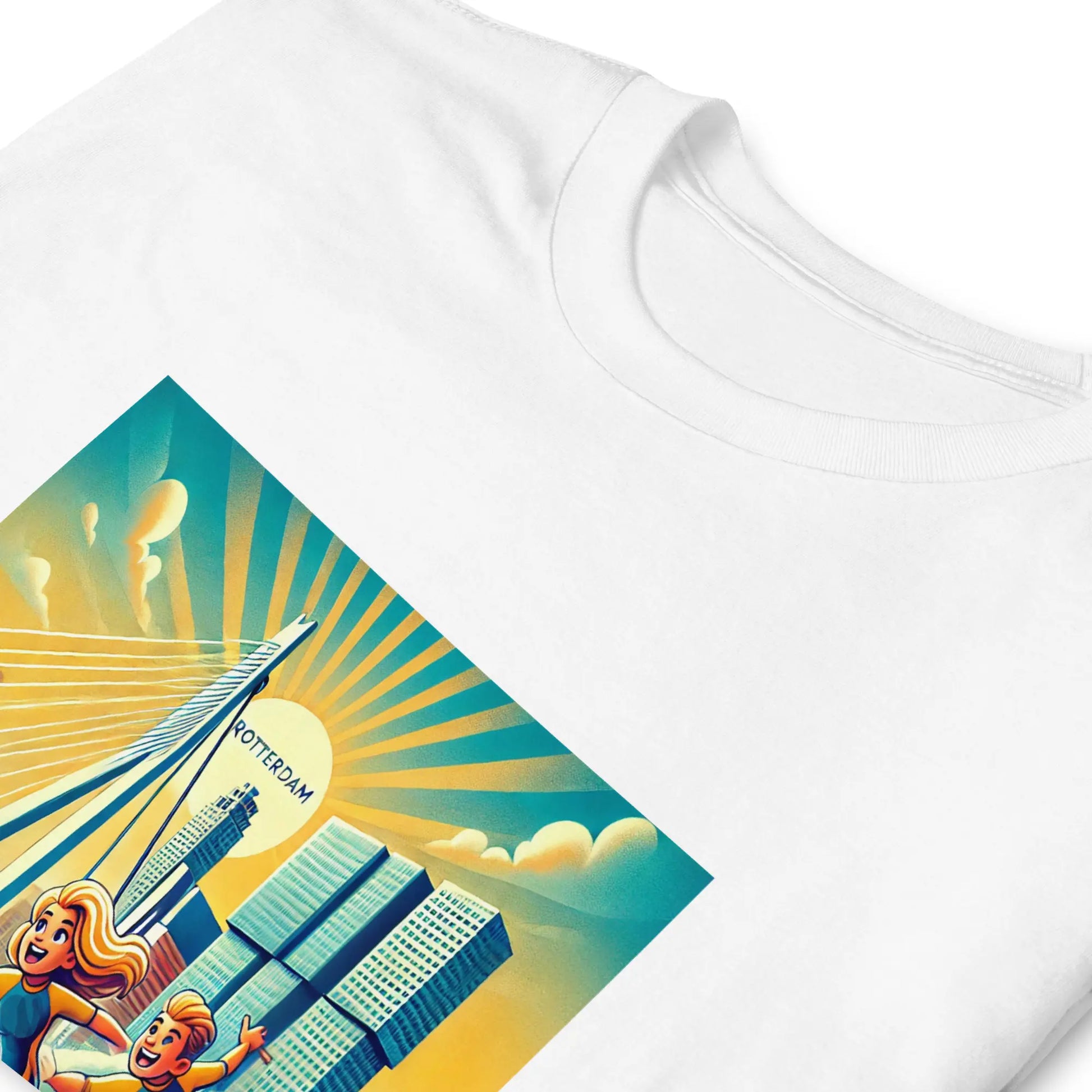 Close-up van wit T-shirt met Rotterdam Urban Surfing ontwerp – rif010, surfen Rotterdam