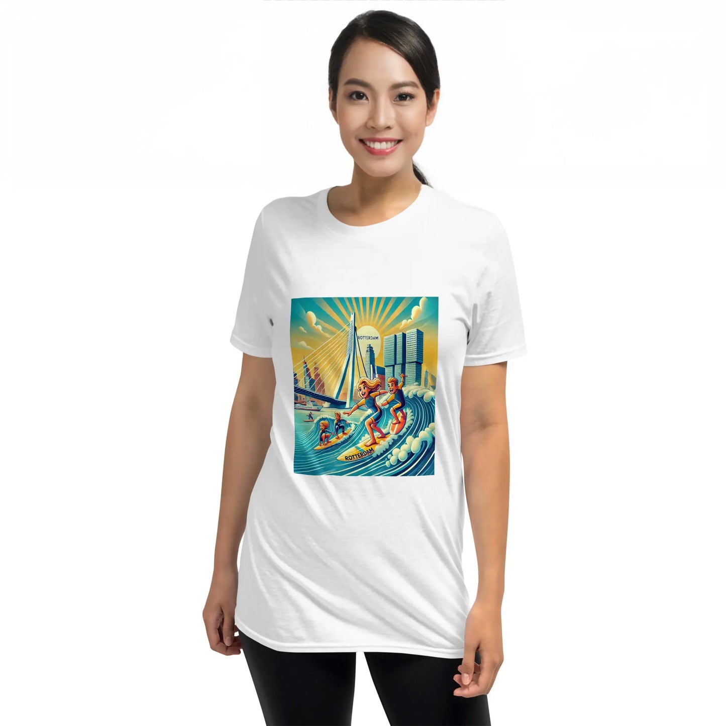 Vrouw draagt een wit Rotterdam Urban Surfing T-shirt – rif010, surfen Rotterdam