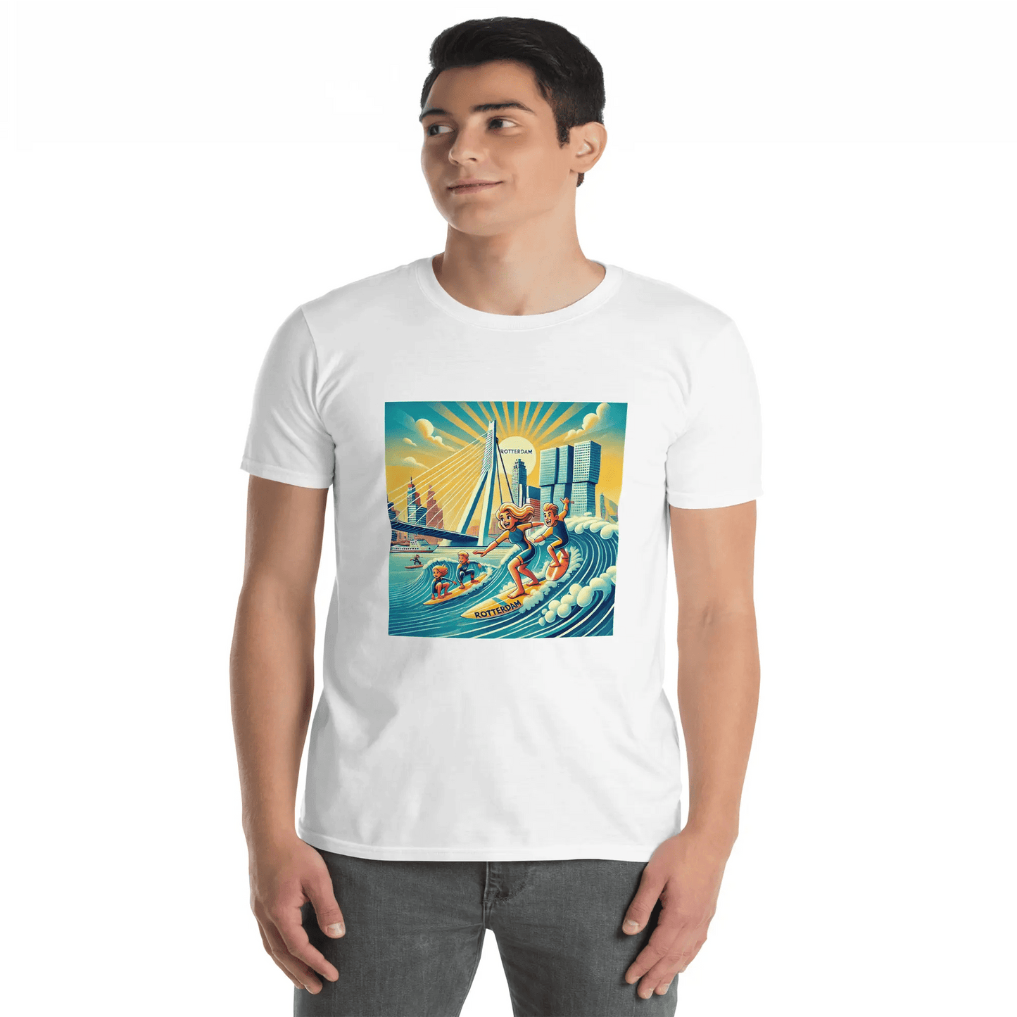 Surfen Rotterdam jongen draagt surf tshirt met surfprint