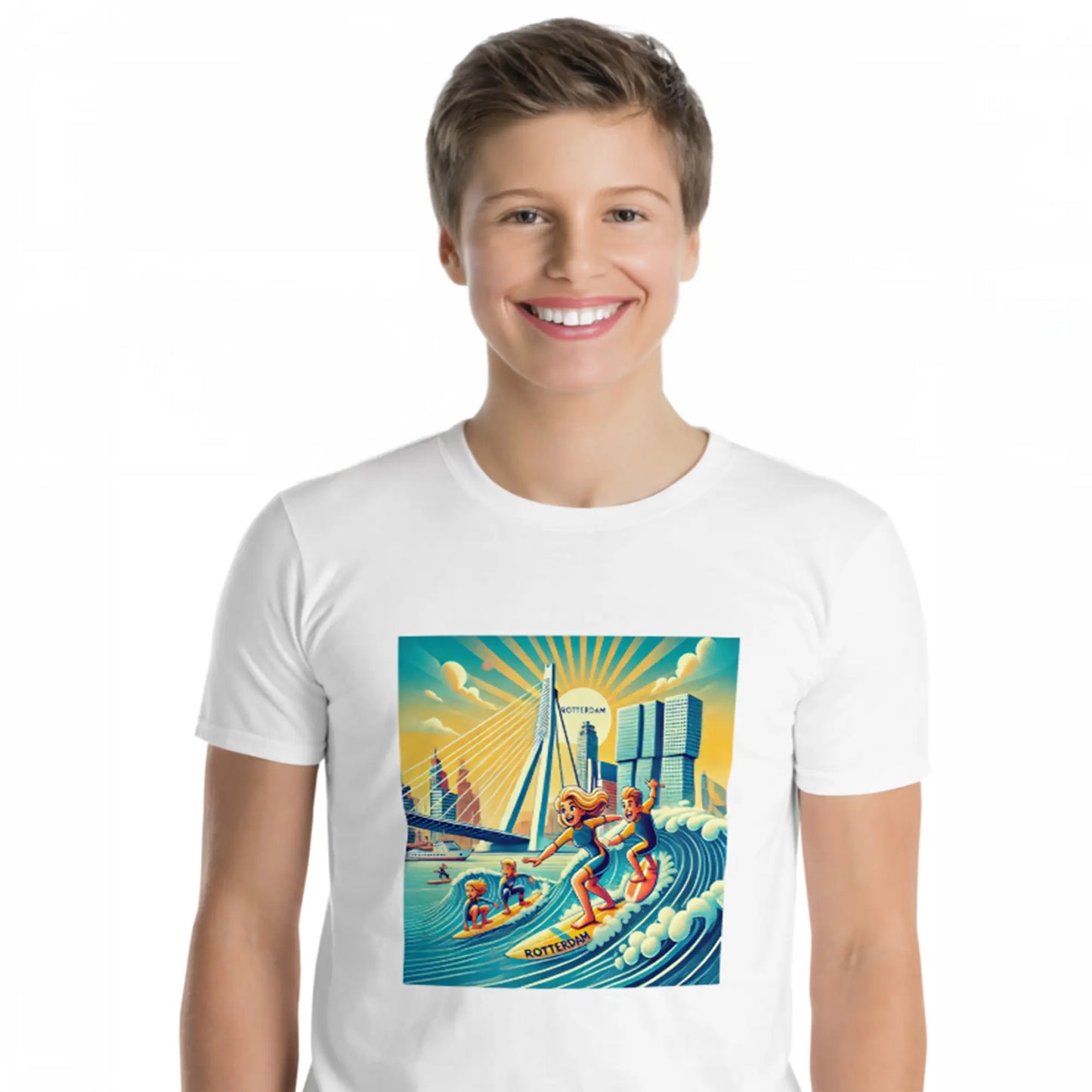 Jonge man draagt een wit Rotterdam Urban Surfing T-shirt – rif010, surfen Rotterdam