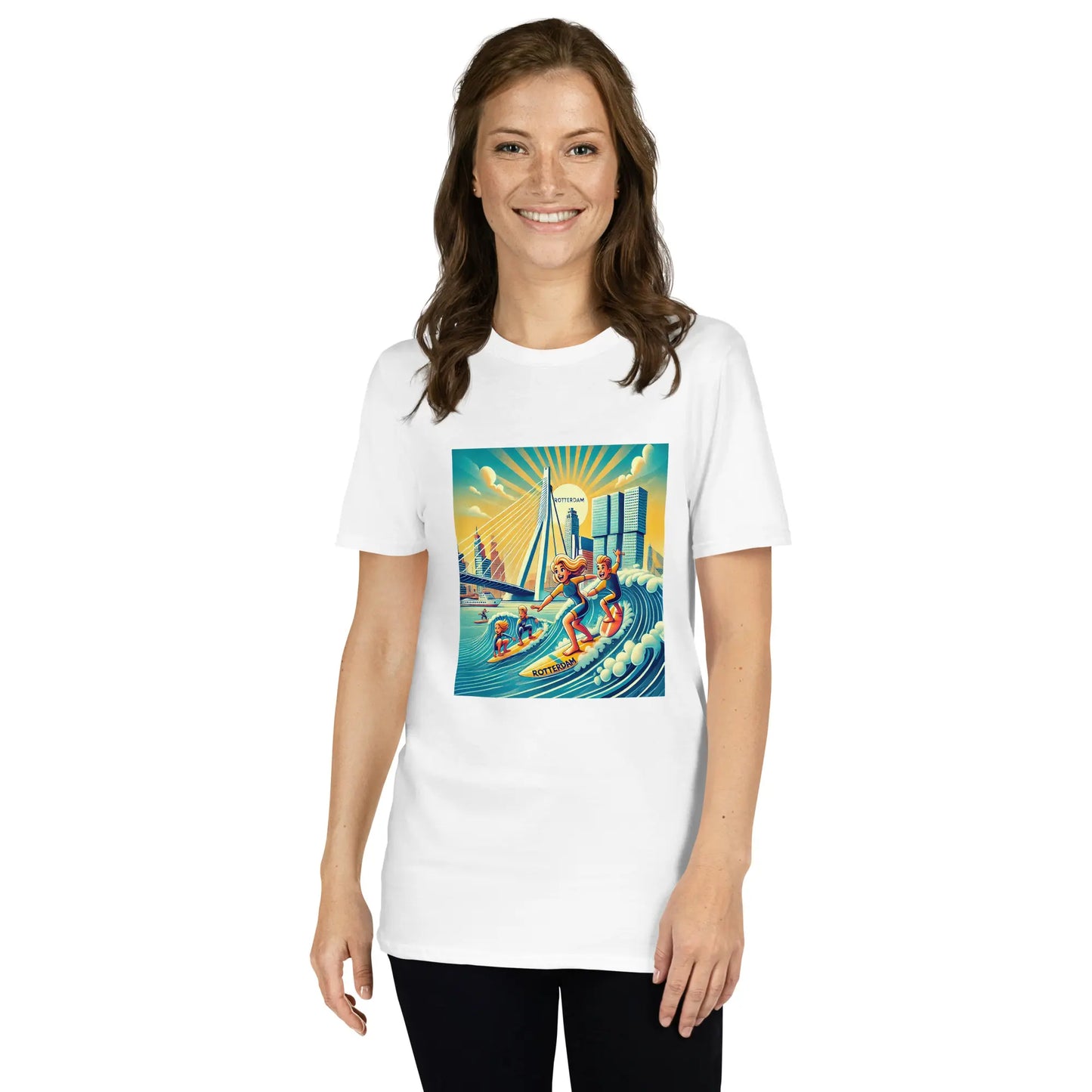 Vrouw draagt een wit Rotterdam Urban Surfing T-shirt – rif010, surfen Rotterdam