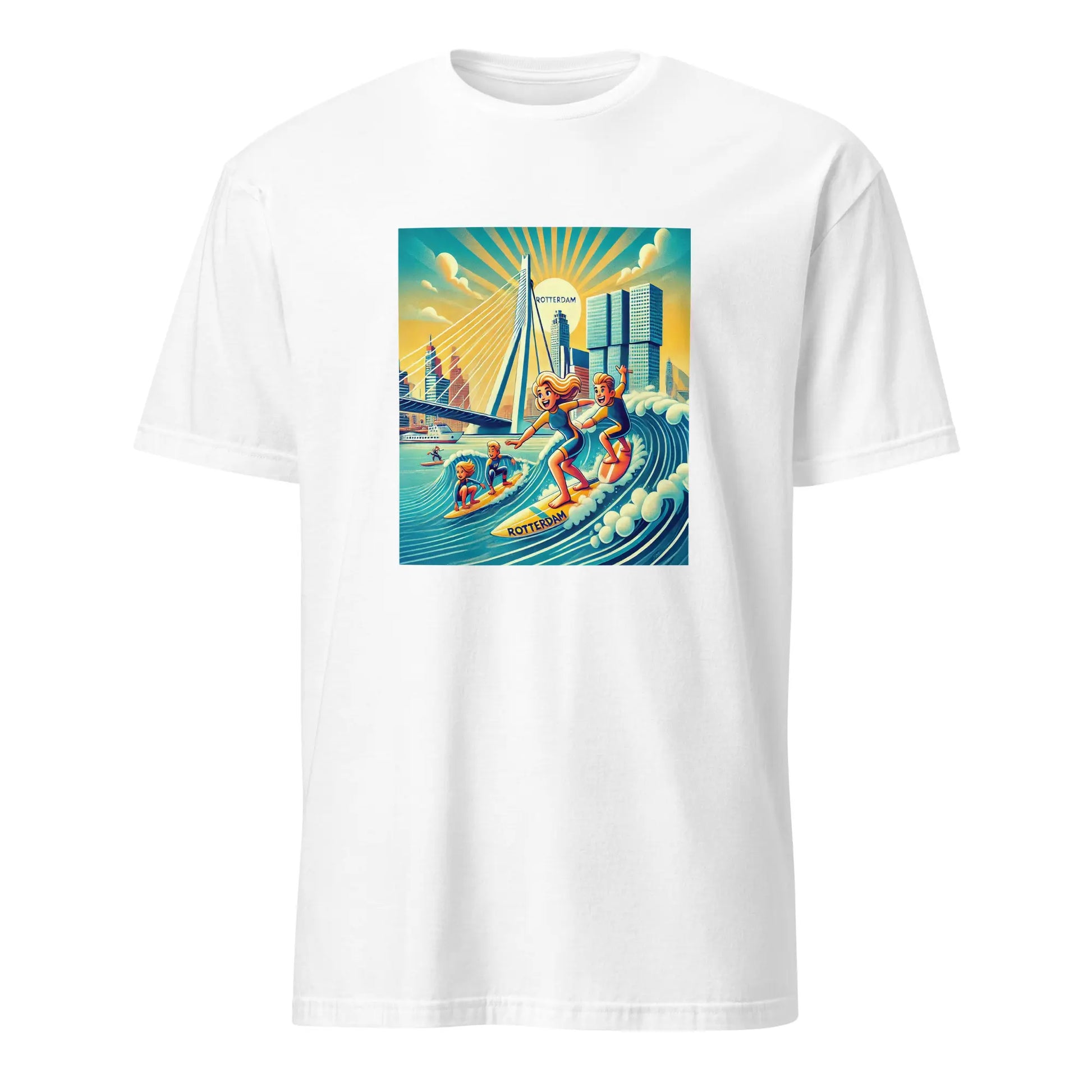 Wit T-shirt met Rotterdam Urban Surfing ontwerp – rif010, surfen Rotterdam