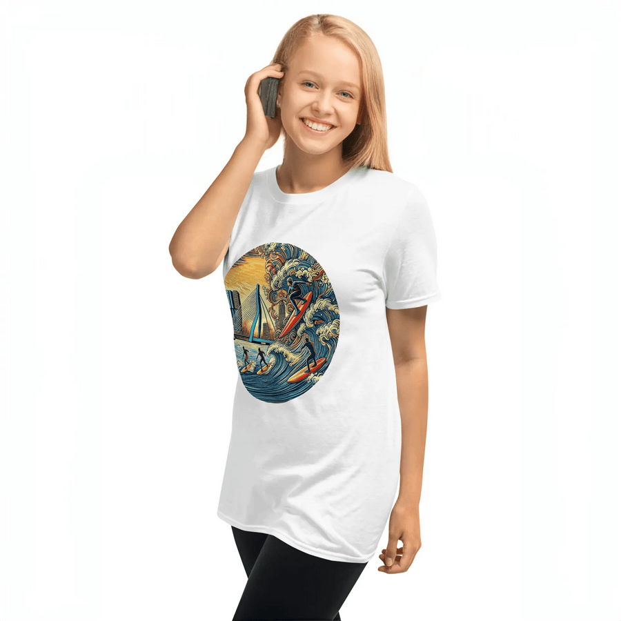 Vrouw in wit Rotterdam Surfen T-shirt met kleurrijk 