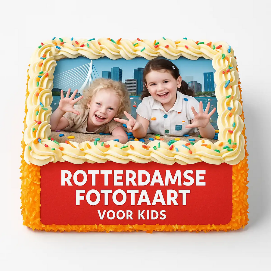 Rotterdamse fototaart voor kinderen met eigen foto, slagroom en skyline achtergrond
