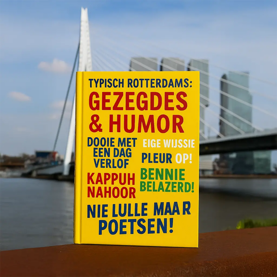 Boekje Rotterdamse gezegdes met humor tegen Erasmusbrug achtergrond in Rotterdam
