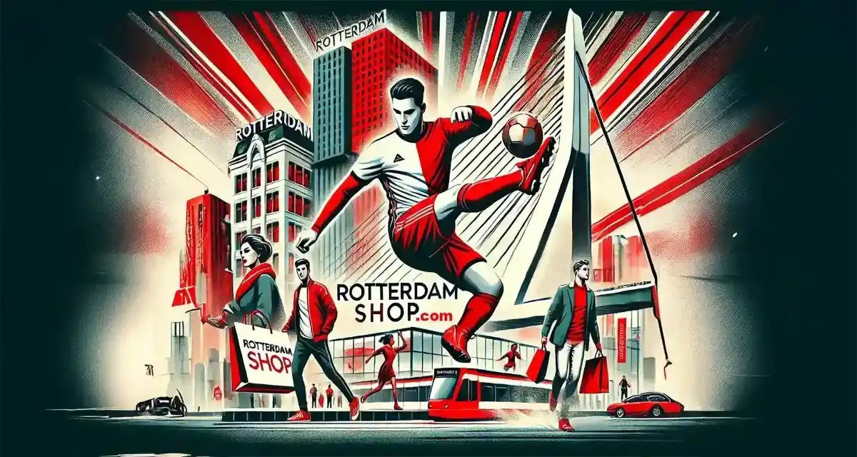 H
Feyenoord voetbalspeler in actie met Rotterdam skyline, Rotterdamshop.com banner voor Feyenoord gadgets, voetbalsokken kind HEMA, en telefoonhoesjes