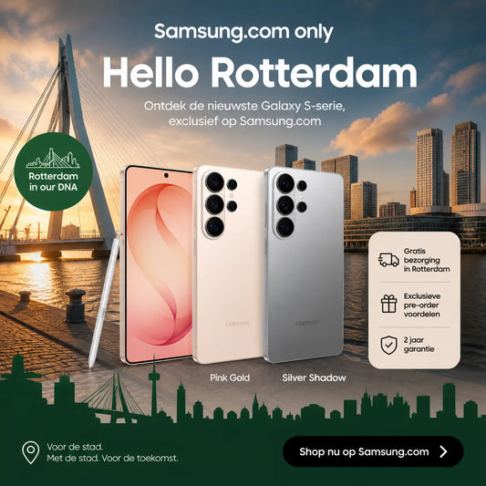 Samsung Galaxy S26 Ultra Pink Gold en Silver Shadow met S Pen — Erasmusbrug Rotterdam.