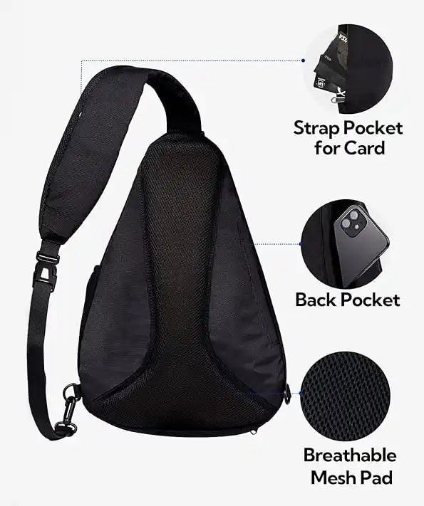 Achterkant van sling rugzak met anti-diefstal vakken, ademend mesh en verstelbare schouderband