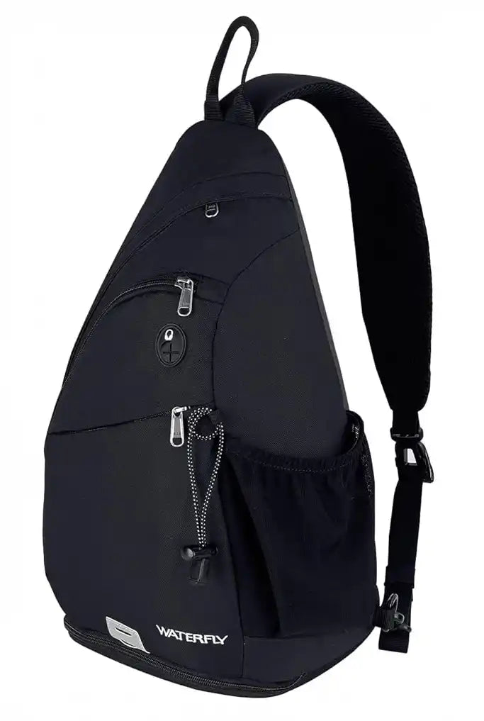 Zwarte sling rugzak, anti-diefstal en waterafstotende crossbody tas met verstelbare band.