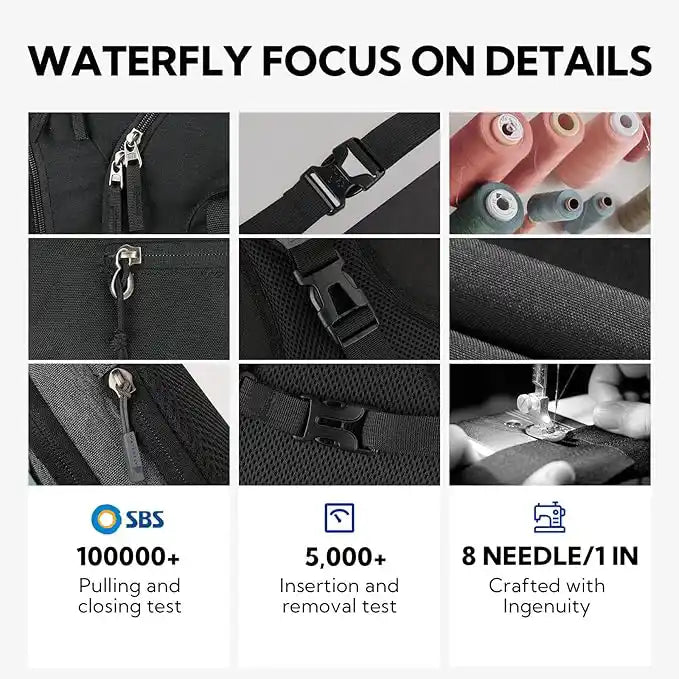 Sling rugzak details: sterke ritsen, stevige gespen en duurzaam stikwerk.