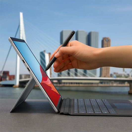 Surface laptop met toetsenbord en pen tegen Erasmusbrug in Rotterdam achtergrond
