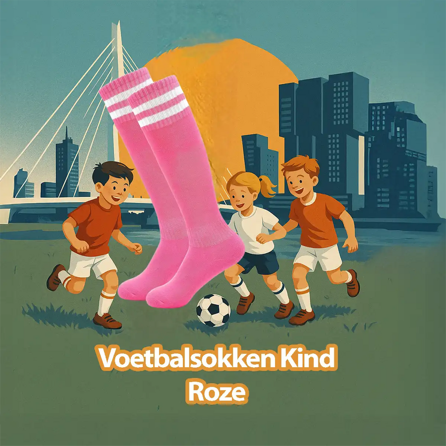 Kinderen voetballen met roze voetbalsokken voor meisjes tijdens gymles op school in Rotterdam