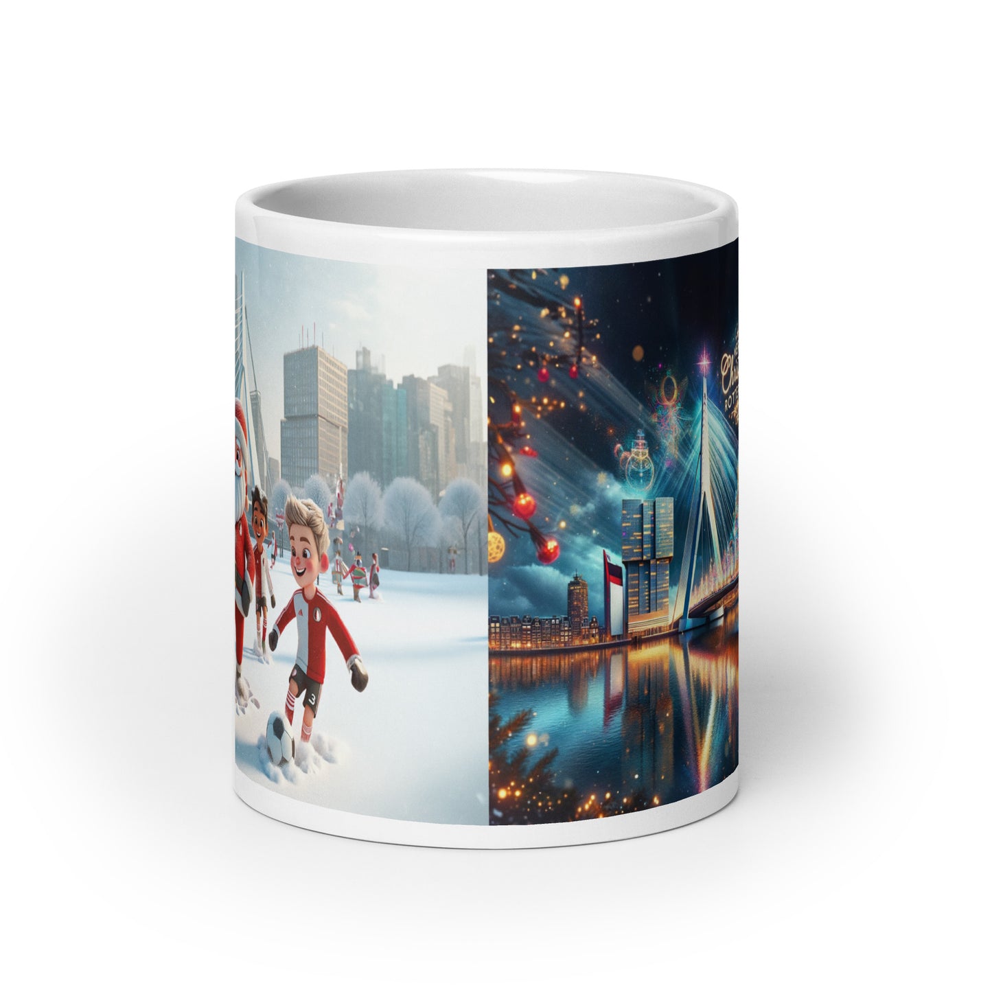 Dubbelzijdige Kerstmok: Erasmusbrug en Voetballende Kerstman